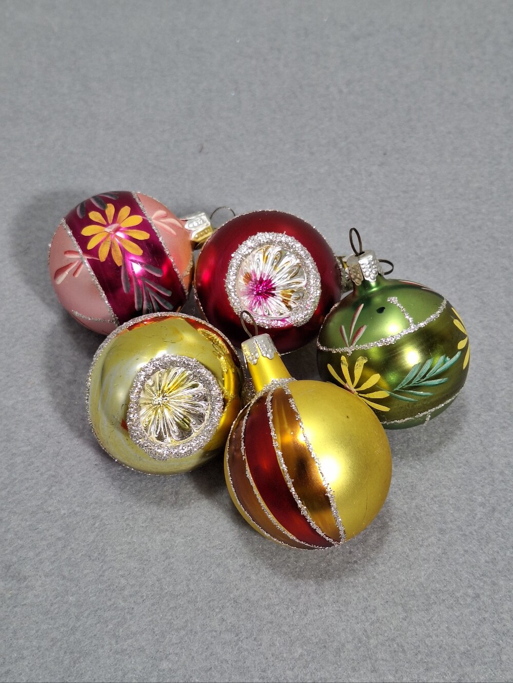 5 Vtg Handpainted Mercury Glass Christmas Ornaments 2 Indent Poland 2 Inch Round